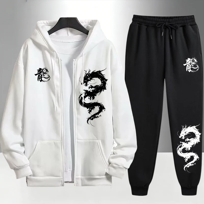 Men'S Fashion Zipper Hoodie - Ensemble de survêtement imprimé dragon chinois