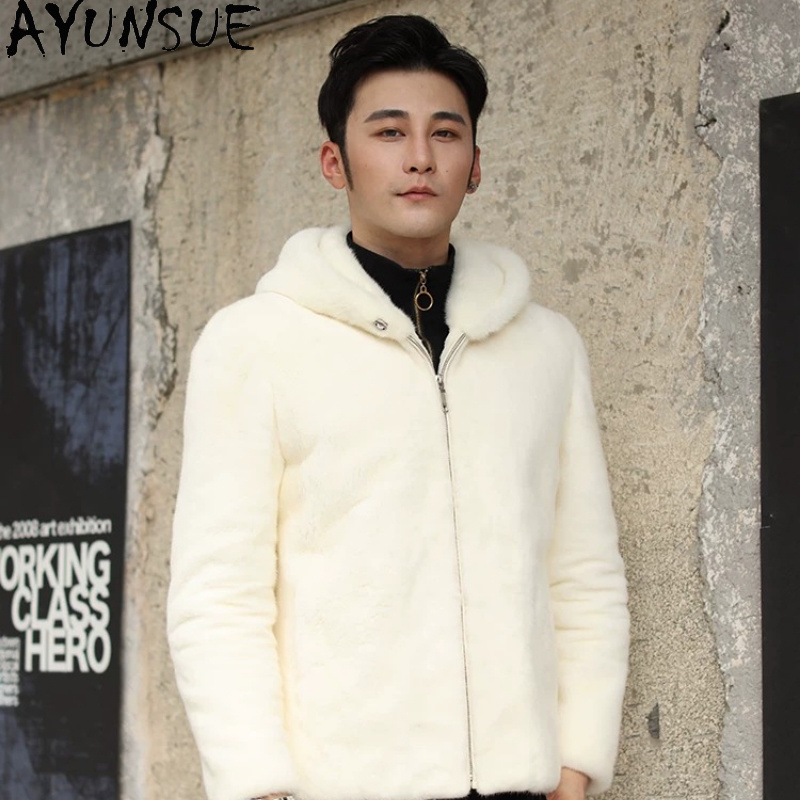 Men'S Fashion Zipper Hoodie - Manteau en Vison Naturel AYUSNUE pour