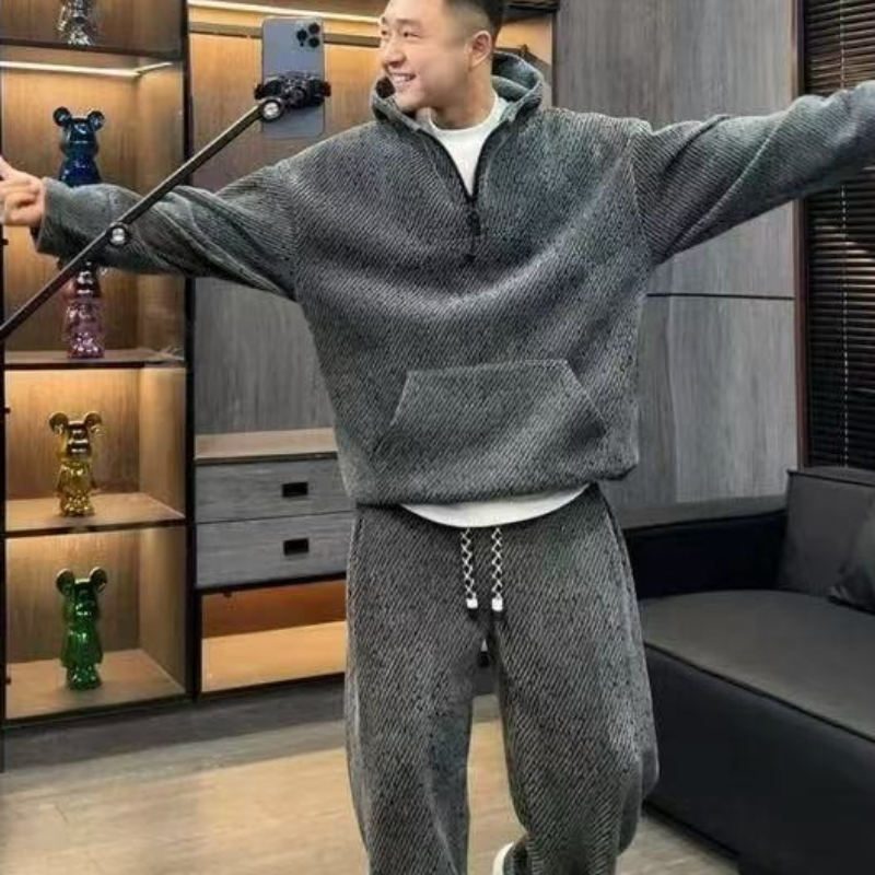 Men'S Fashion Zipper Hoodie - Ensemble de survêtement à capuche rayé