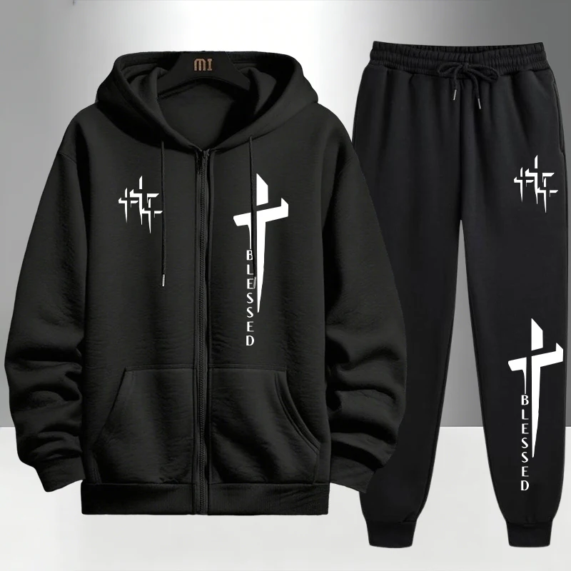 Men'S Fashion Zipper Hoodie - Ensemble de survêtement imprimé Cross Blessed